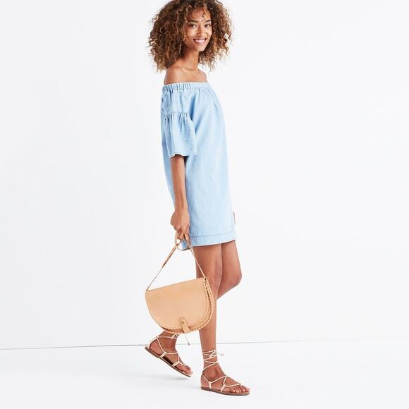 Madewell Denim Azalea Off-the-Shoulder Mini Dress Blue Bell Sleeve Sz S - Picture 2 of 9